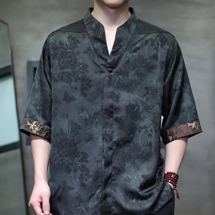 Buddha Stones Camicia da uomo a maniche corte, stile Tang, casual, con colletto alla coreana e motivo a farfalla in bambù, ideale per primavera/estate. - image 14