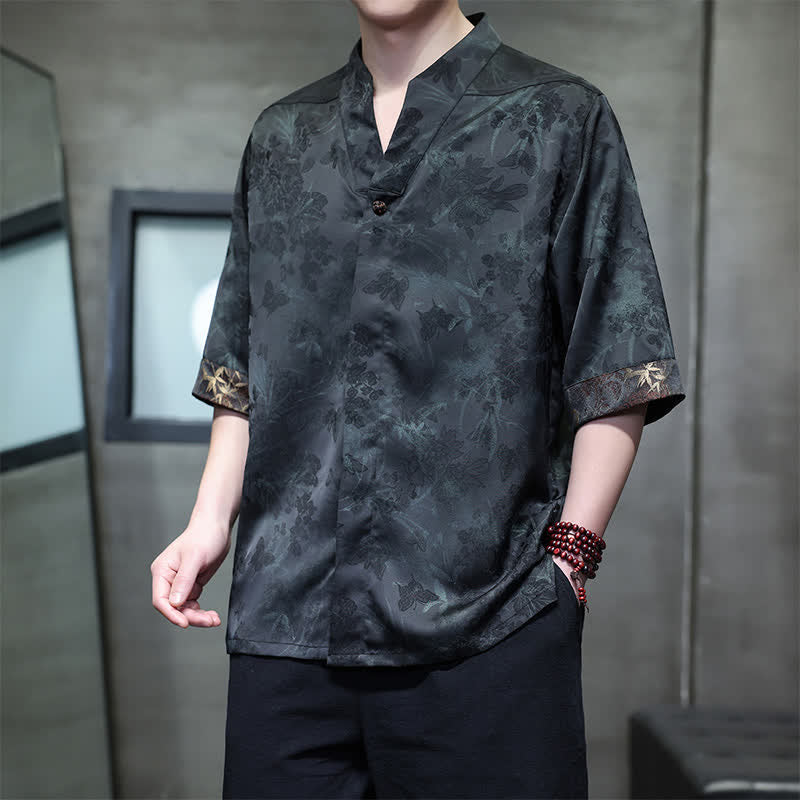 Buddha Stones Camicia da uomo a maniche corte, stile Tang, casual, con colletto alla coreana e motivo a farfalla in bambù, ideale per primavera/estate. - Verde Mare Scuro - US/UK/AU46, EU56 (5XL) - image 13