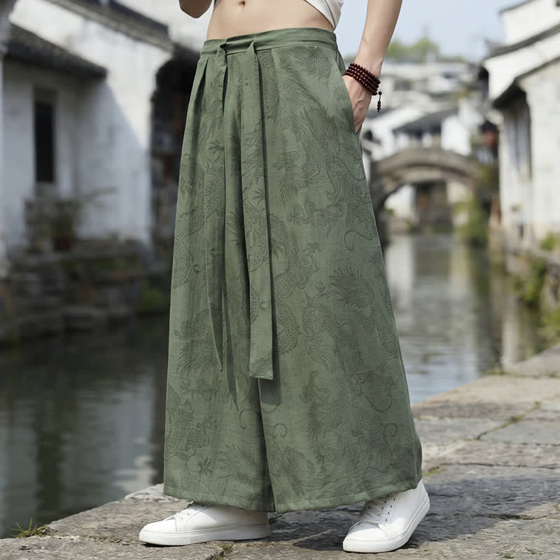 Buddha Stones Pantaloni estivi casual Tang con coulisse e stampa drago, modello alla caviglia, da uomo, a gamba larga. - image 2