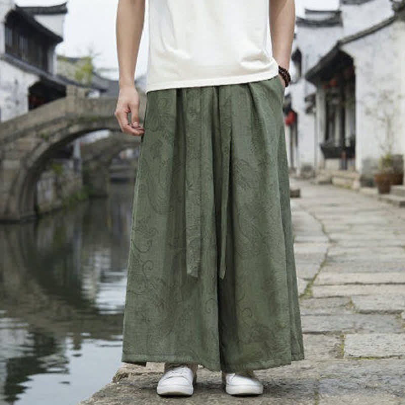 Buddha Stones Pantaloni estivi casual Tang con coulisse e stampa drago, modello alla caviglia, da uomo, a gamba larga. - image 1