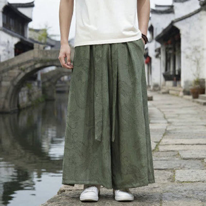 Buddha Stones Pantaloni estivi casual Tang con coulisse e stampa drago, modello alla caviglia, da uomo, a gamba larga. - image 1