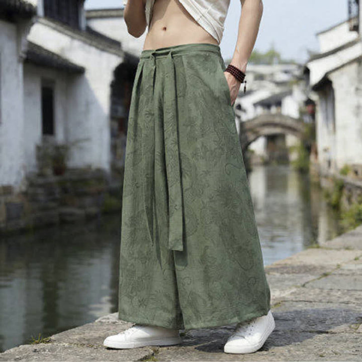 Buddha Stones Pantaloni estivi casual Tang con coulisse e stampa drago, modello alla caviglia, da uomo, a gamba larga. - Oliva - US/UK/AU46, EU56 (5XL) - image 0