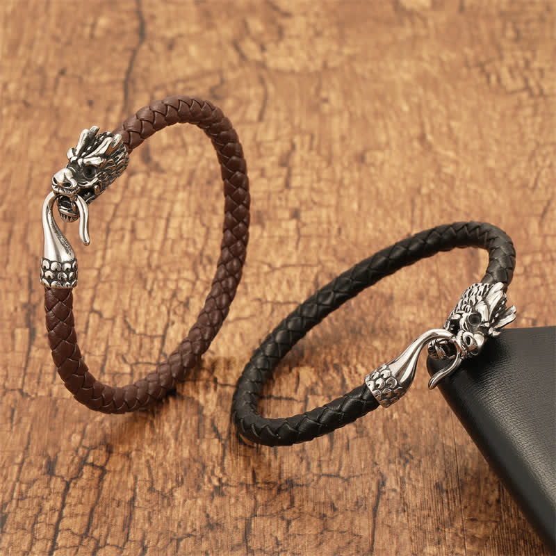Buddha Stones Bracciale Punk in pelle intrecciata con drago e forza - image 10