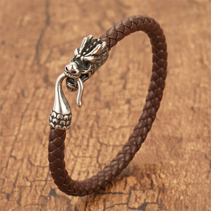 Buddha Stones Bracciale Punk in pelle intrecciata con drago e forza - Caffè - 7,9–8,3 pollici (20–21 cm) - image 6