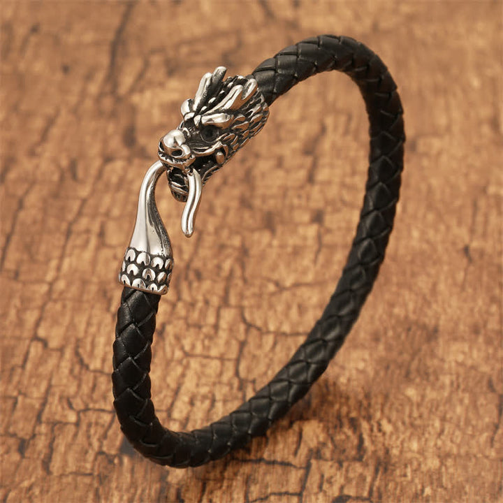 Buddha Stones Bracciale Punk in pelle intrecciata con drago e forza - Nero - 7,9–8,3 pollici (20–21 cm) - image 0