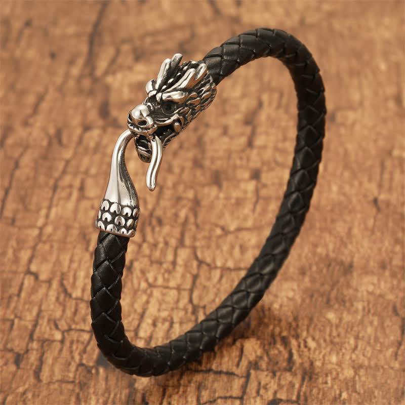 Buddha Stones Bracciale Punk in pelle intrecciata con drago e forza - Nero - 7,9–8,3 pollici (20–21 cm) - image 0