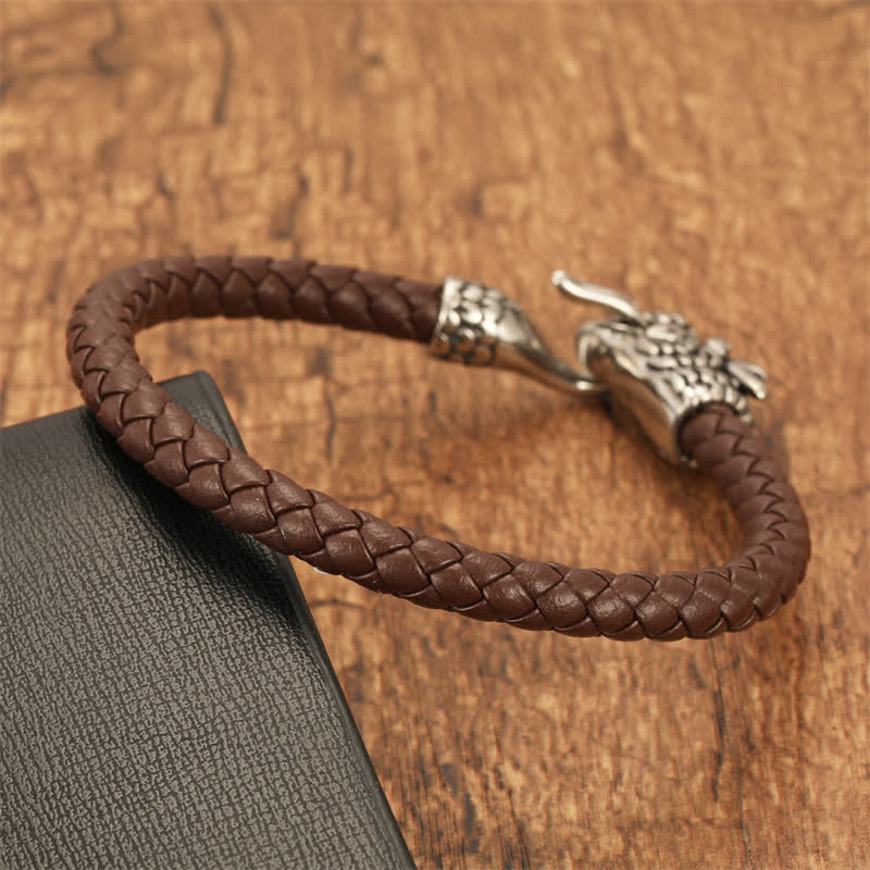 Buddha Stones Bracciale Punk in pelle intrecciata con drago e forza - image 8