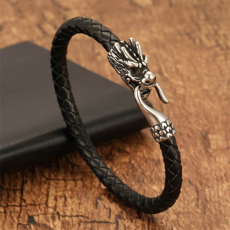 Buddha Stones Bracciale Punk in pelle intrecciata con drago e forza - image 1