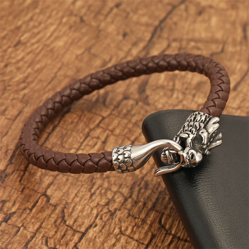 Buddha Stones Bracciale Punk in pelle intrecciata con drago e forza - image 7