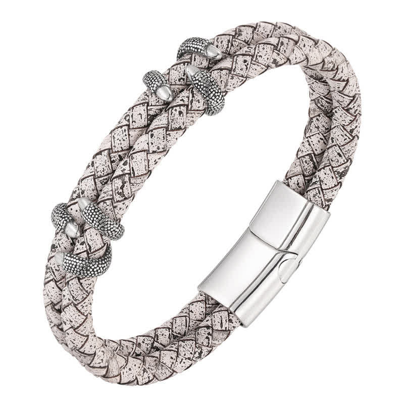 Buddha Stones Bracciale in acciaio inossidabile con chiusura a artiglio di drago e cinturino in pelle intrecciata. - image 10