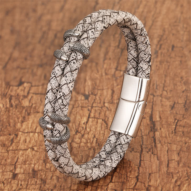 Buddha Stones Bracciale in acciaio inossidabile con chiusura a artiglio di drago e cinturino in pelle intrecciata. - Bianco - 7,9–8,3 pollici (20–21 cm) - image 6