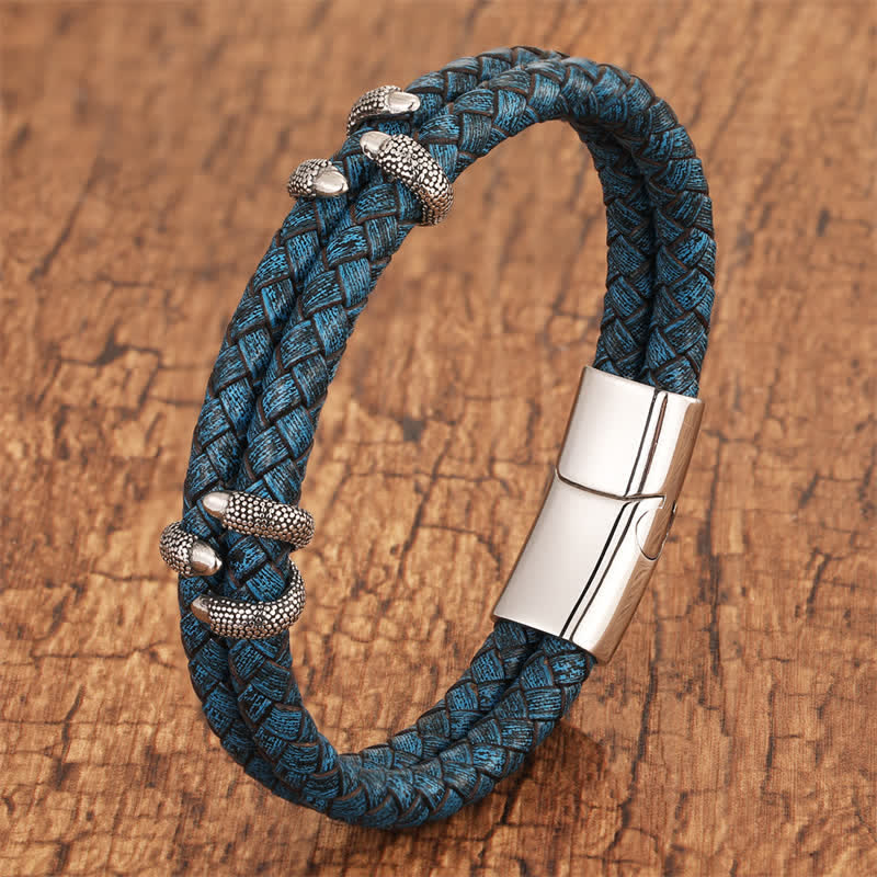 Buddha Stones Bracciale in acciaio inossidabile con chiusura a artiglio di drago e cinturino in pelle intrecciata. - Blu - 7,9–8,3 pollici (20–21 cm) - image 0