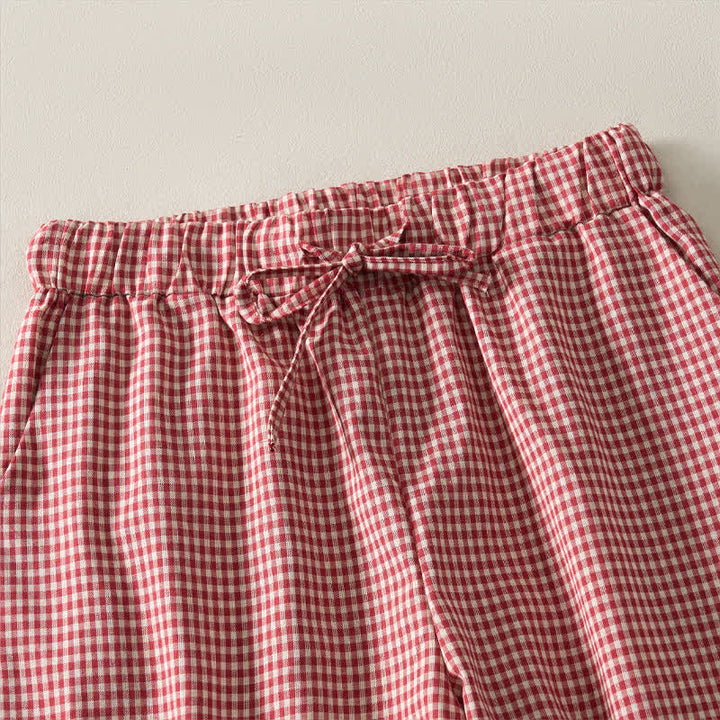 Buddha Stones Pantaloncini estivi vintage da donna in cotone a quadri con coulisse. - image 2