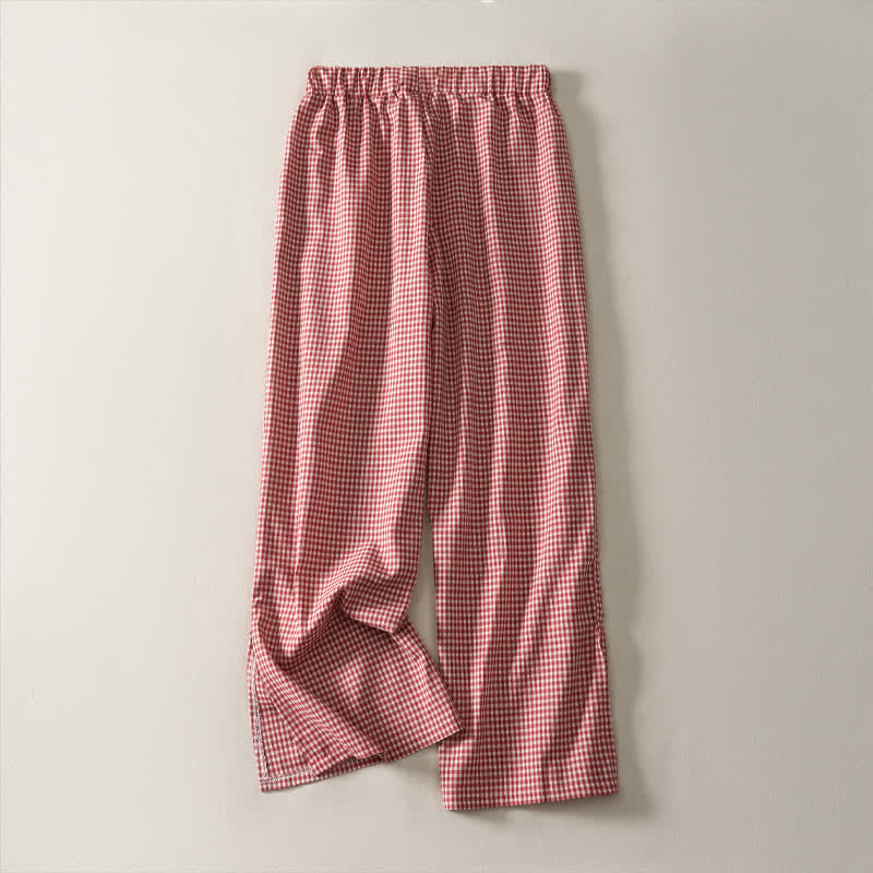 Buddha Stones Pantaloni corti da donna in cotone a quadri, stile vintage, con coulisse, per primavera/estate, modello a gamba dritta e tasche. - image 1