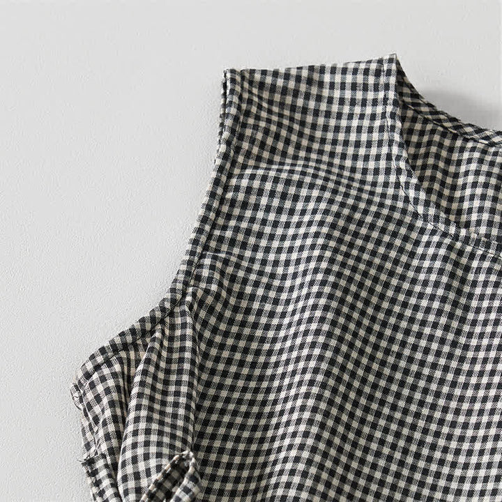 Buddha Stones Abito estivo vintage da donna in cotone a quadri con coulisse e tasche, senza maniche. - image 1
