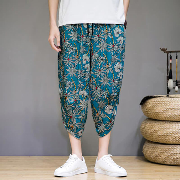 Buddha Stones Pantaloni capri estivi boho casual con coulisse e stampa floreale, pantaloni harem da uomo con tasca - image 13