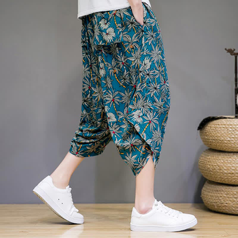 Buddha Stones Pantaloni capri estivi boho casual con coulisse e stampa floreale, pantaloni harem da uomo con tasca - image 15