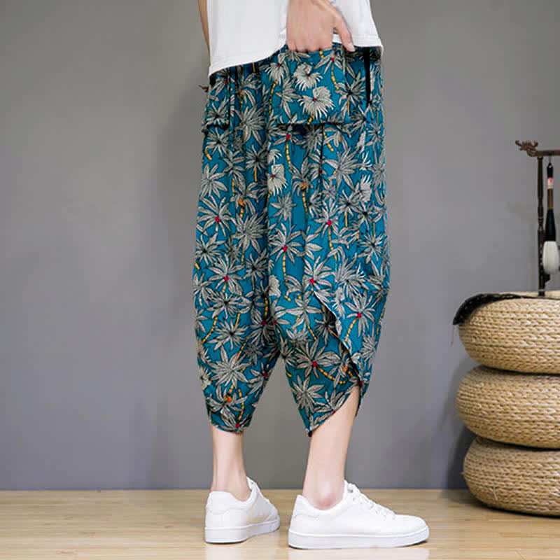 Buddha Stones Pantaloni capri estivi boho casual con coulisse e stampa floreale, pantaloni harem da uomo con tasca - image 16