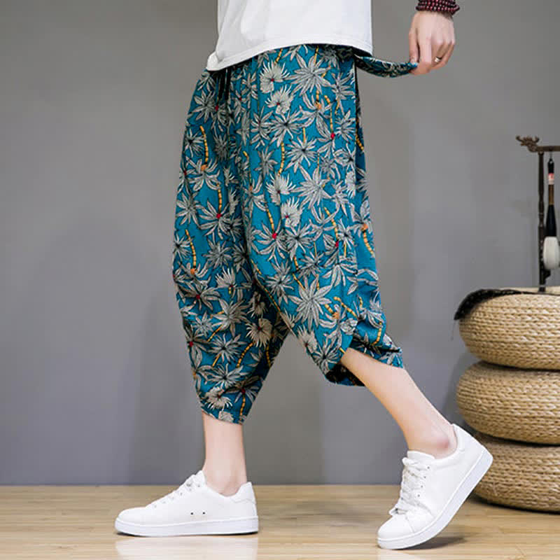 Buddha Stones Pantaloni capri estivi boho casual con coulisse e stampa floreale, pantaloni harem da uomo con tasca - Turchese scuro - US/UK/AU46, EU56 (5XL) - image 12