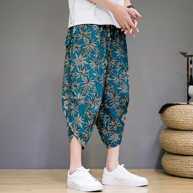 Buddha Stones Pantaloni capri estivi boho casual con coulisse e stampa floreale, pantaloni harem da uomo con tasca - image 14