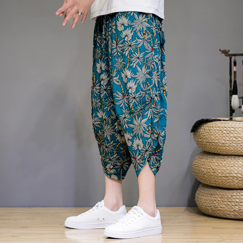 Buddha Stones Pantaloni capri estivi boho casual con coulisse e stampa floreale, pantaloni harem da uomo con tasca - image 17