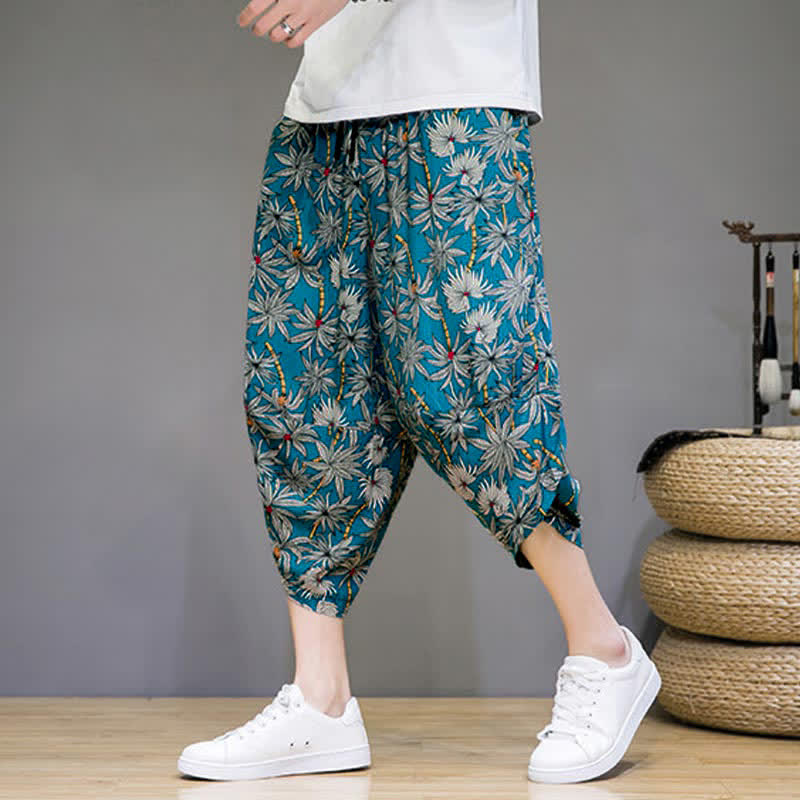 Buddha Stones Pantaloni capri estivi boho casual con coulisse e stampa floreale, pantaloni harem da uomo con tasca - image 18