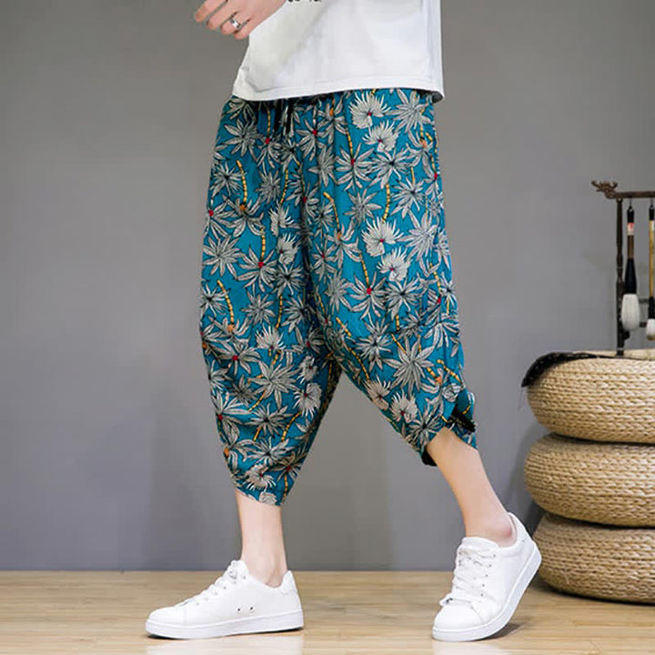 Buddha Stones Pantaloni capri estivi boho casual con coulisse e stampa floreale, pantaloni harem da uomo con tasca - image 18