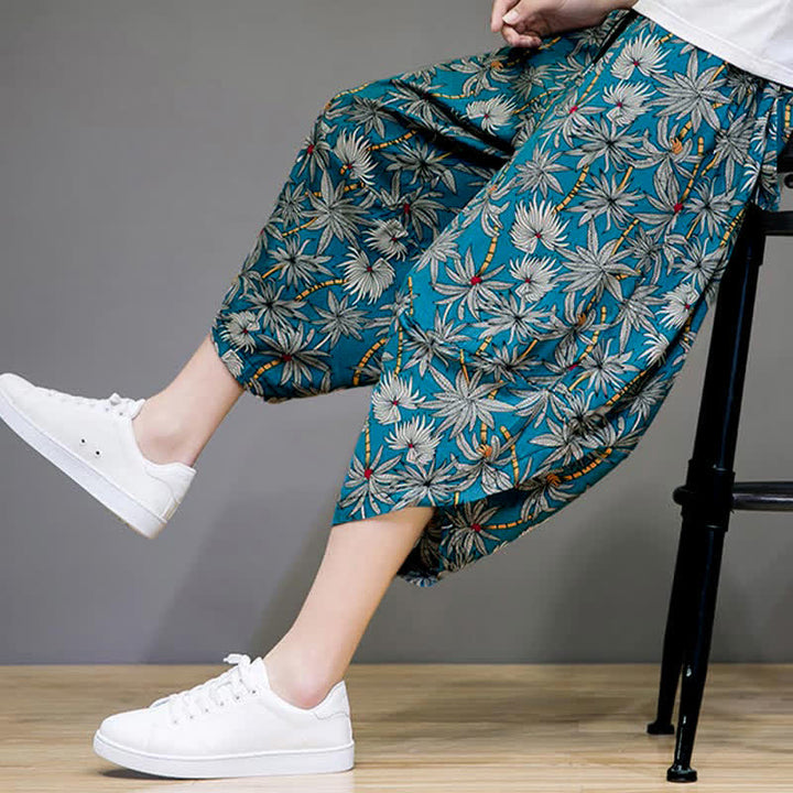 Buddha Stones Pantaloni capri estivi boho casual con coulisse e stampa floreale, pantaloni harem da uomo con tasca - image 19
