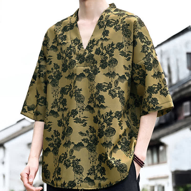 Buddha Stones T-shirt da uomo a maniche corte con scollo a V e stampa floreale, stile Tang, per l'estate, casual. - image 14