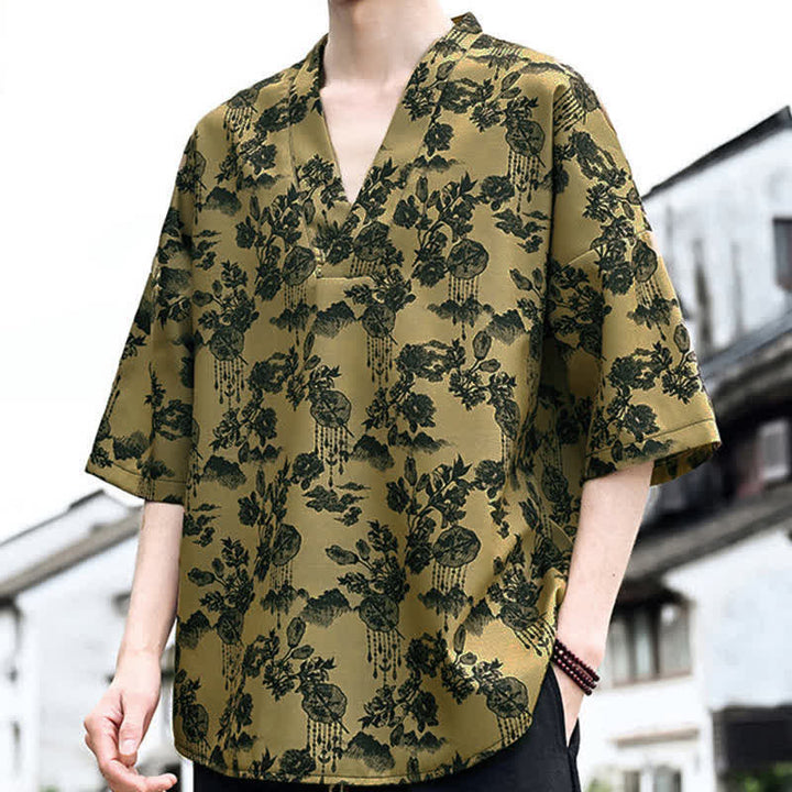 Buddha Stones T-shirt da uomo a maniche corte con scollo a V e stampa floreale, stile Tang, per l'estate, casual. - image 14