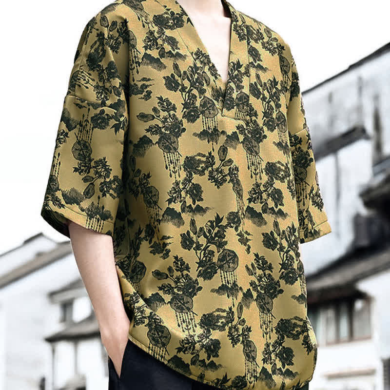 Buddha Stones T-shirt da uomo a maniche corte con scollo a V e stampa floreale, stile Tang, per l'estate, casual. - image 16