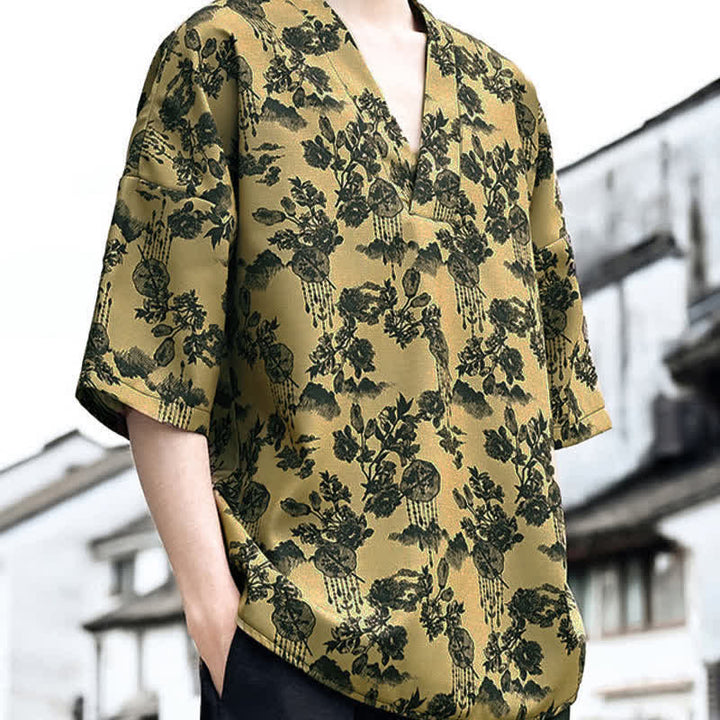 Buddha Stones T-shirt da uomo a maniche corte con scollo a V e stampa floreale, stile Tang, per l'estate, casual. - image 16