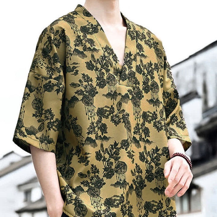Buddha Stones T-shirt da uomo a maniche corte con scollo a V e stampa floreale, stile Tang, per l'estate, casual. - image 17