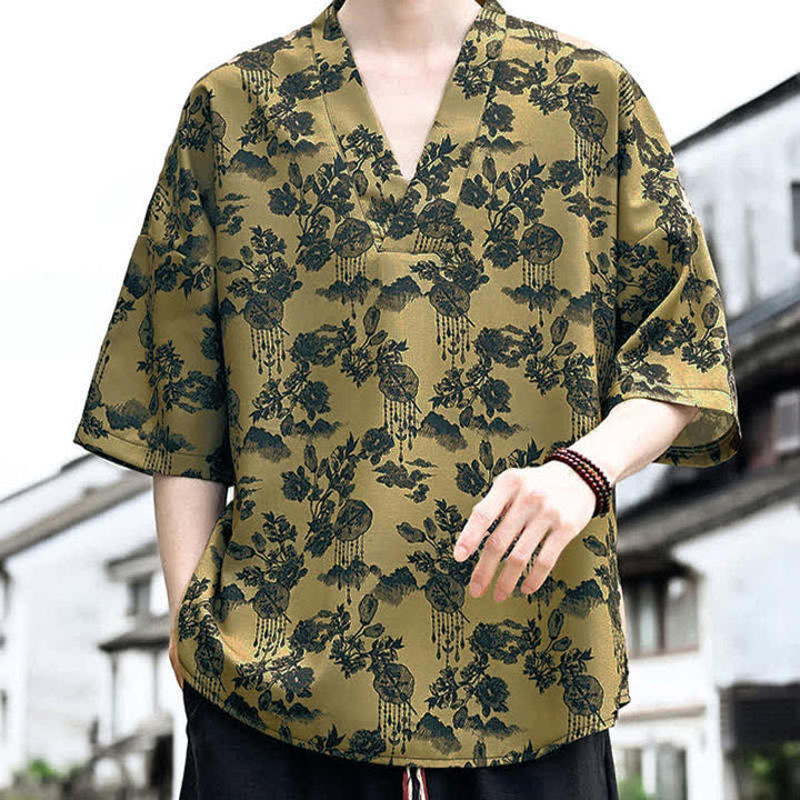 Buddha Stones T-shirt da uomo a maniche corte con scollo a V e stampa floreale, stile Tang, per l'estate, casual. - image 12
