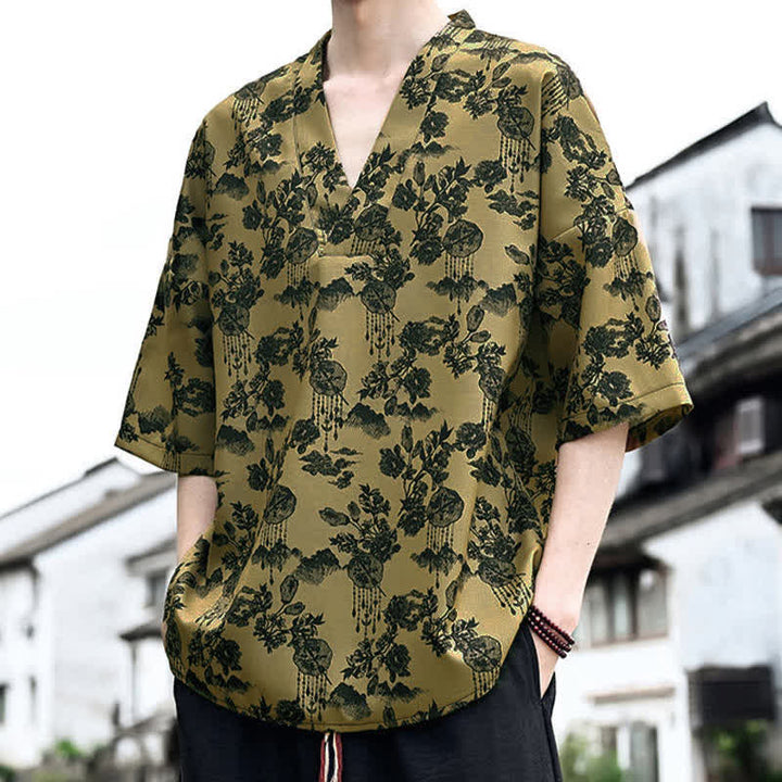 Buddha Stones T-shirt da uomo a maniche corte con scollo a V e stampa floreale, stile Tang, per l'estate, casual. - image 13