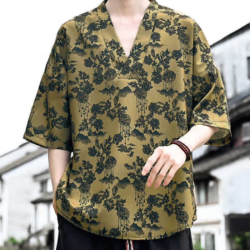 Buddha Stones T-shirt da uomo a maniche corte con scollo a V e stampa floreale, stile Tang, per l'estate, casual. - image 12
