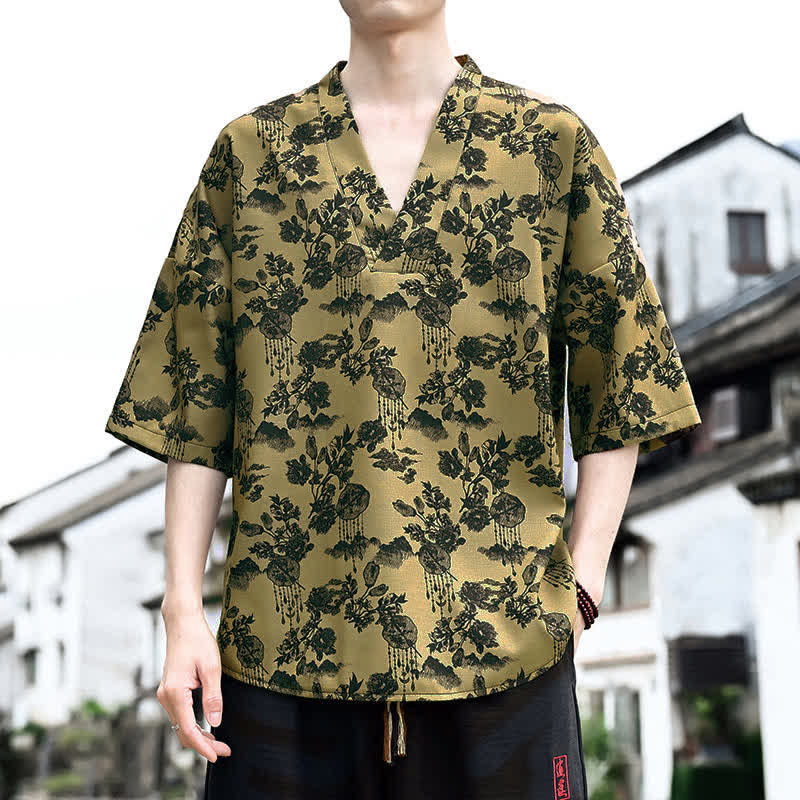 Buddha Stones T-shirt da uomo a maniche corte con scollo a V e stampa floreale, stile Tang, per l'estate, casual. - Cachi scuro - US/UK/AU46, EU56 (5XL) - image 11