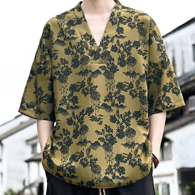 Buddha Stones T-shirt da uomo a maniche corte con scollo a V e stampa floreale, stile Tang, per l'estate, casual. - image 15