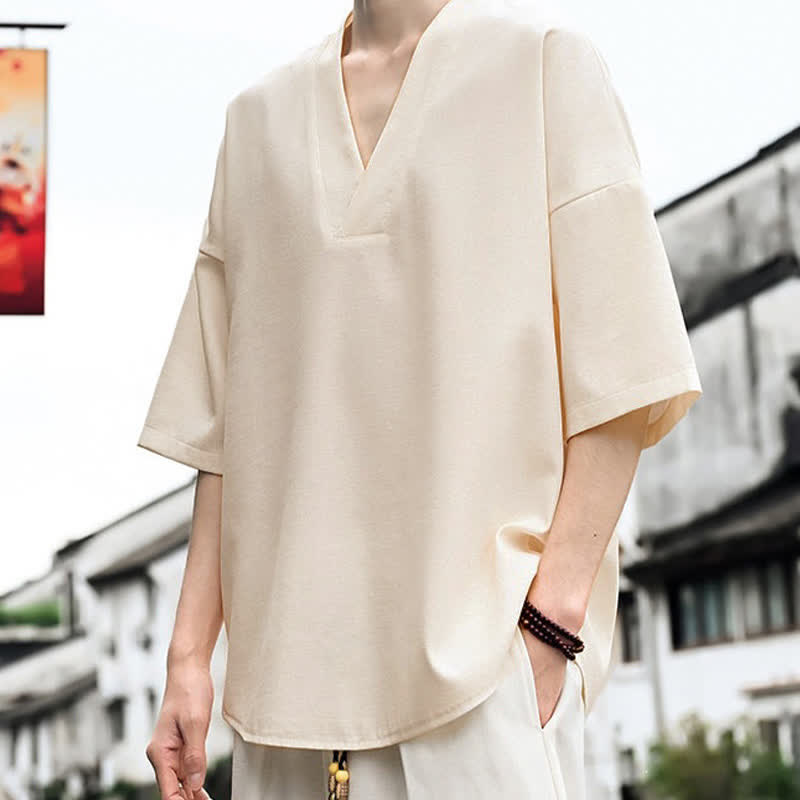 Buddha Stones T-shirt da uomo a maniche corte, tinta unita, minimalista, casual, con spacco laterale, ideale per l'estate. - Beige - US/UK/AU46, EU56 (5XL) - image 0
