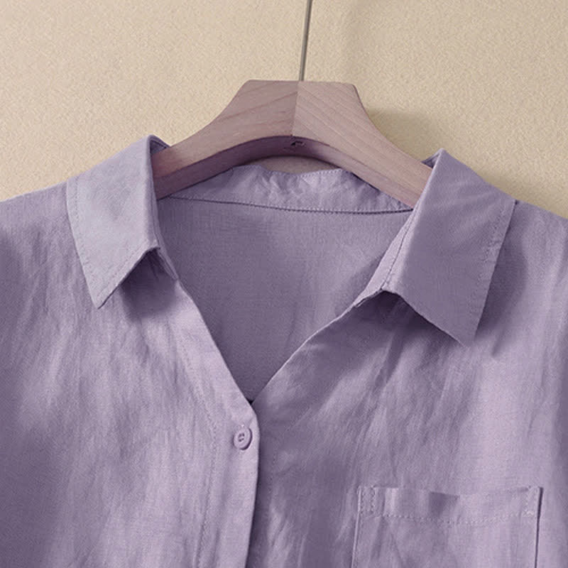 Buddha Stones Camicia da donna estiva casual minimalista a maniche corte con bottoni e taschino. - image 1