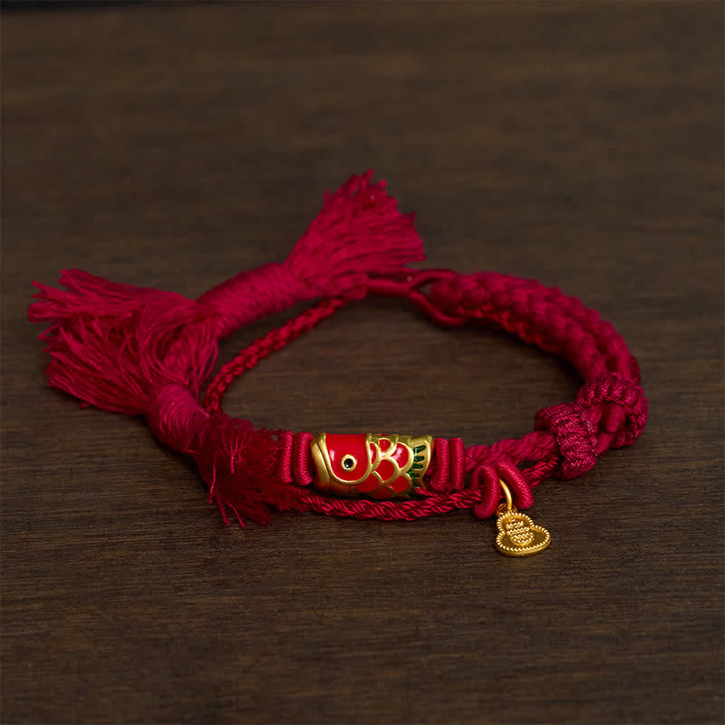 Buddha Stones Braccialetto a doppio filo con ciondolo a forma di zucca e pesce koi in lega, stile retrò. - rosso vino - image 0