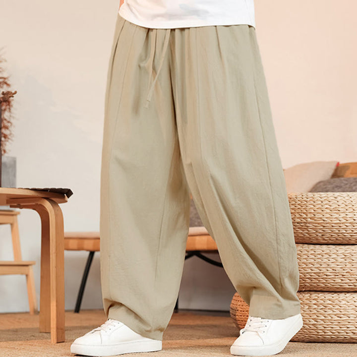 Buddha Stones Pantaloni estivi casual minimalisti con coulisse in cotone tinta unita, pantaloni da uomo a gamba dritta con tasca - image 10
