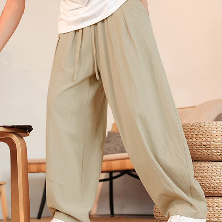 Buddha Stones Pantaloni estivi casual minimalisti con coulisse in cotone tinta unita, pantaloni da uomo a gamba dritta con tasca - image 12