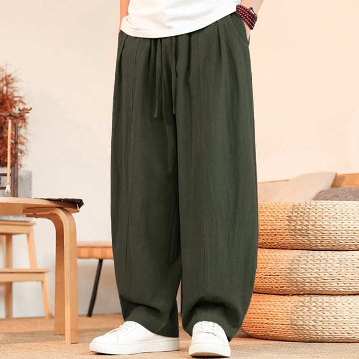 Buddha Stones Pantaloni estivi casual minimalisti con coulisse in cotone tinta unita, pantaloni da uomo a gamba dritta con tasca - Verde oliva scuro - US/UK/AU46, EU56 (5XL) - image 6