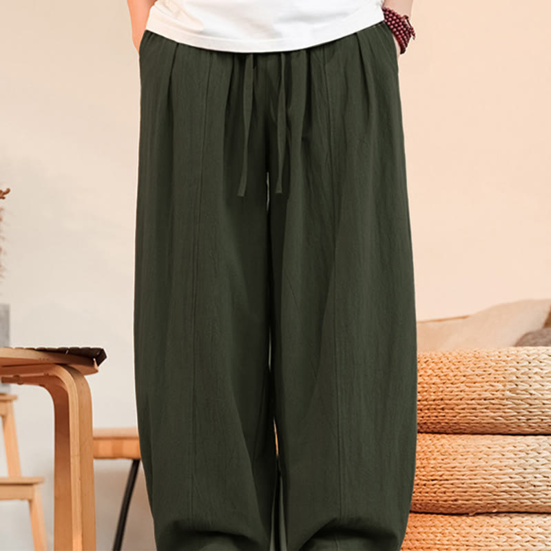 Buddha Stones Pantaloni estivi casual minimalisti con coulisse in cotone tinta unita, pantaloni da uomo a gamba dritta con tasca - image 8
