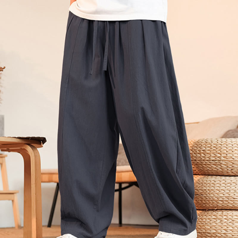 Buddha Stones Pantaloni estivi casual minimalisti con coulisse in cotone tinta unita, pantaloni da uomo a gamba dritta con tasca - image 2