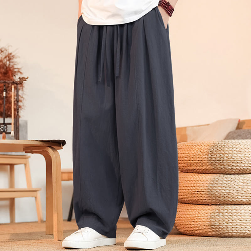 Buddha Stones Pantaloni estivi casual minimalisti con coulisse in cotone tinta unita, pantaloni da uomo a gamba dritta con tasca - image 1