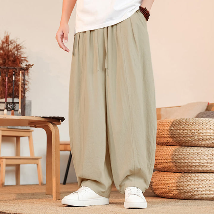 Buddha Stones Pantaloni estivi casual minimalisti con coulisse in cotone tinta unita, pantaloni da uomo a gamba dritta con tasca - Beige - US/UK/AU46, EU56 (5XL) - image 9