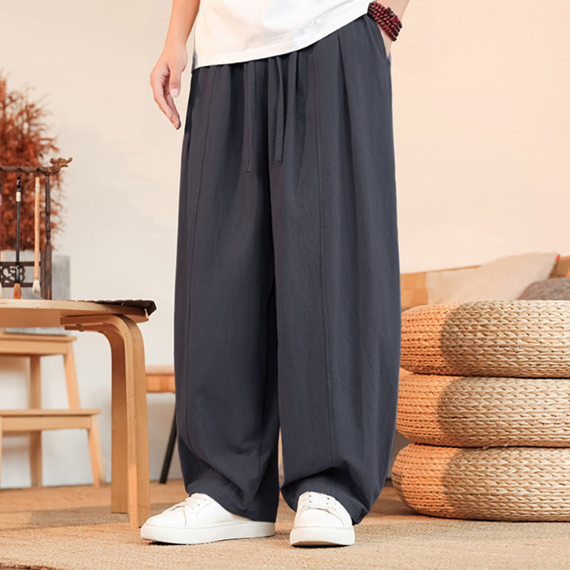 Buddha Stones Pantaloni estivi casual minimalisti con coulisse in cotone tinta unita, pantaloni da uomo a gamba dritta con tasca - Grigio - US/UK/AU46, EU56 (5XL) - image 0