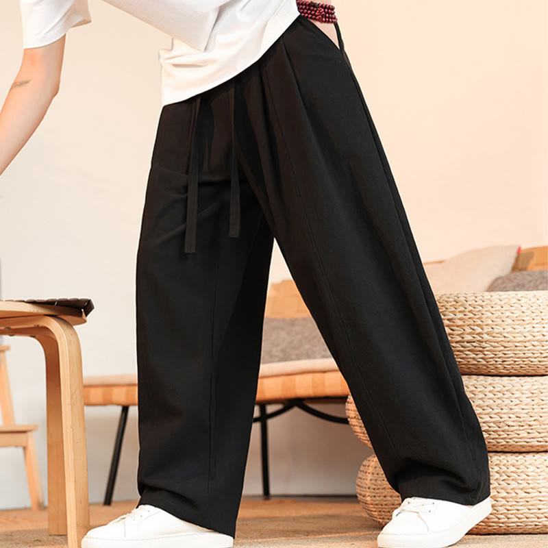 Buddha Stones Pantaloni estivi casual minimalisti con coulisse in cotone tinta unita, pantaloni da uomo a gamba dritta con tasca - image 5